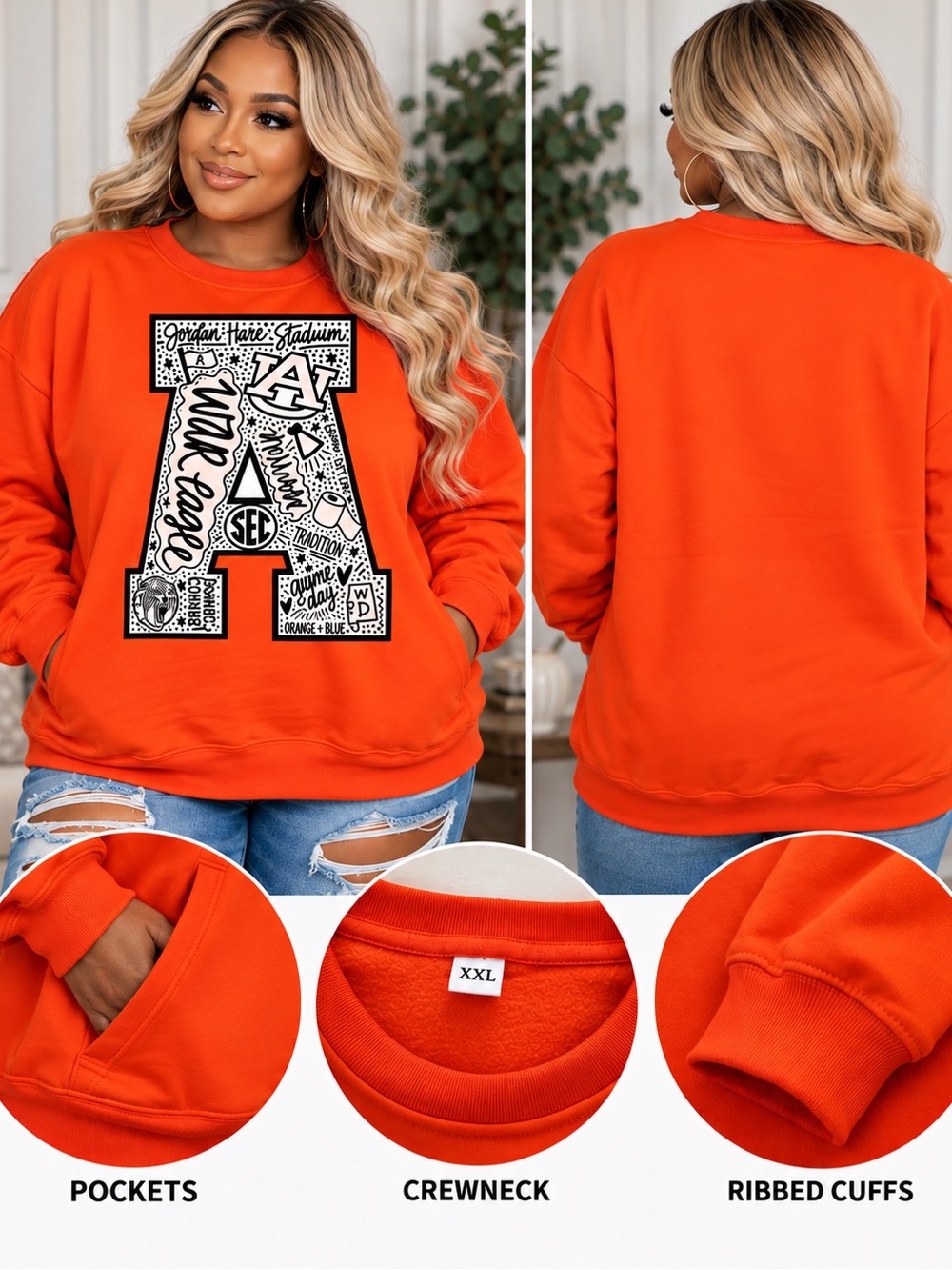 Oversized Auburn Tigers War Eagle Orange Crewneck Sweatshirt with Pockets